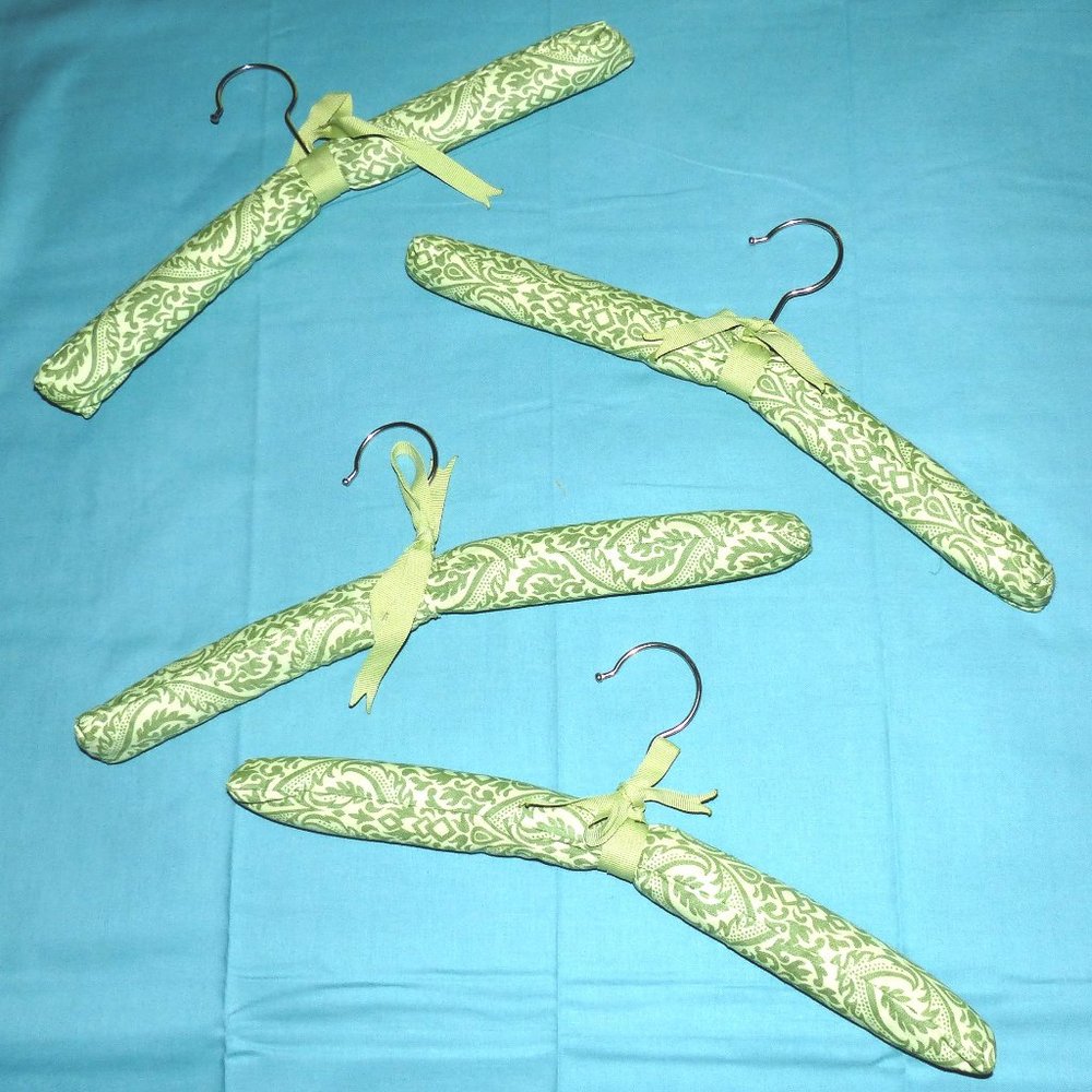 Padded clothing hangers green printed cotton fabric Ribbons Metal Hook Set of 4